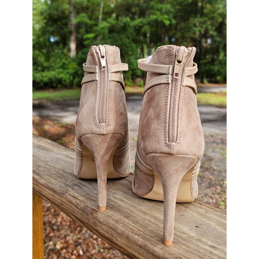 Taupe Faux Suede Strappy Peep Toe Stiletto Ankle Booties Heel Size 10 - Picture 4 of 8
